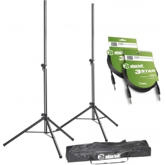 Adam Hall Stands SPS 023 SET 4 - Set of 2 Speaker Stands with Bag and 2 Speaker Cables 6.3 mm Jack